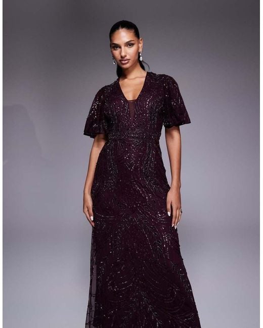 Beauut Blue Fully Embellished Beaded Mech V-neck Flutter Sleeve Maxi Dress