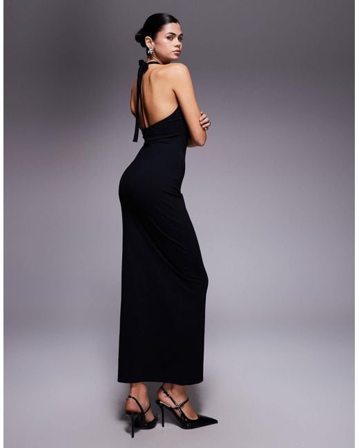 Fashionkilla Blue Halterneck Scoop Neck Eyelet Trim Low Back Maxi Dress