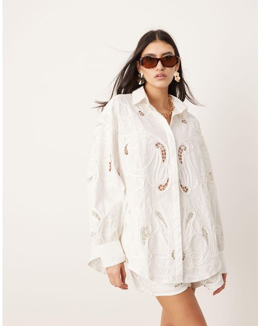 ASOS Natural Broderie Cut Work Oversized Shirt Co-ord
