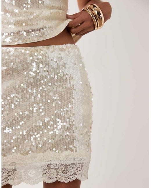 New Look Natural Lace Trim Sequin Mini Skirt Co-Ord