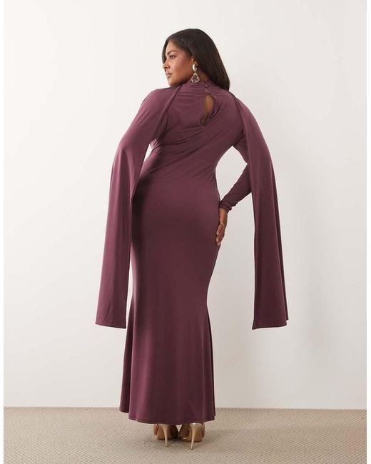 ASOS Red Asos Design Curve Slinky Long Sleeve Maxi Dress With Extreme Cape Shoulder Detail