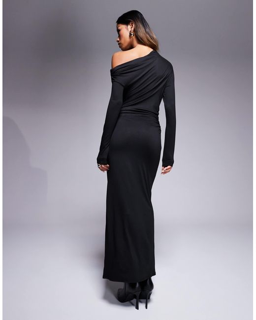 Robe mi-longue froncée sur le côté à manches longues et épaule tombante ASOS en coloris Blue