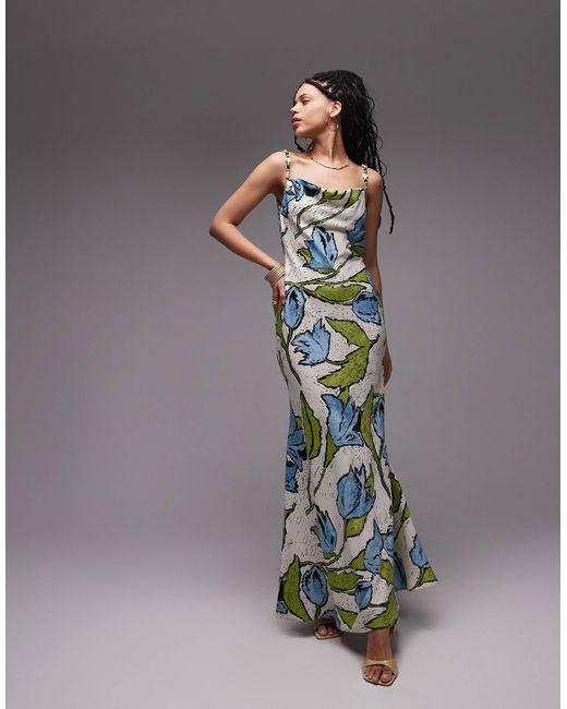 Robe nuisette mi-longue à col bénitier et perles aux bretelles - bleu fleuri TOPSHOP en coloris Gray