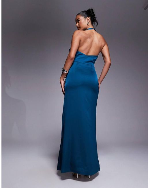 Jarlo Blue High Neck Satin Maxi Dress With Corsage Detail