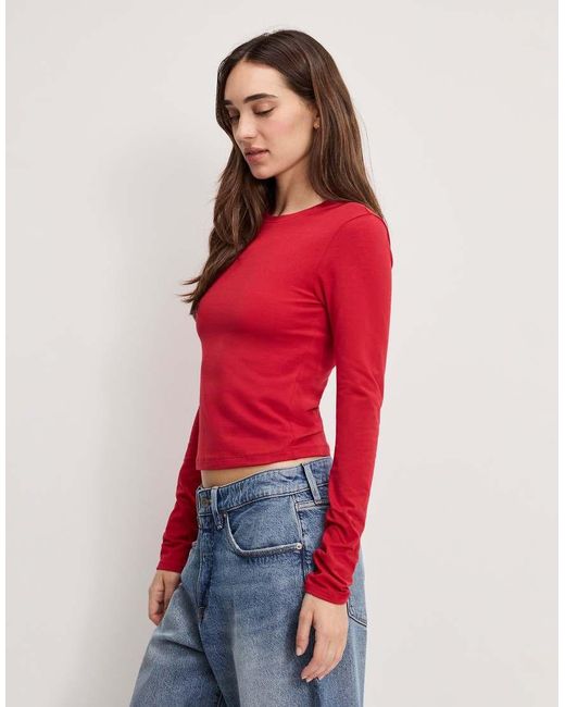 GOOD AMERICAN Red Cotton Rich Crew Neck Long Sleeve Top