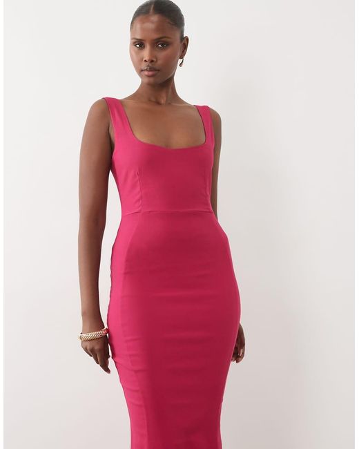 Vesper Pink Bengaline Square Neck Fishtail Maxi Dress