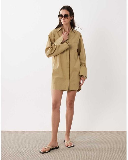 ASOS Natural Cotton Linen Mini Shirt Dress With Wide Cuffs And Oversized Pockets
