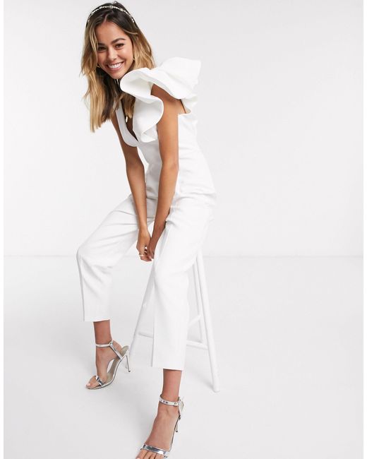 Forever New White Elevated Ruffle Shoulder Jumpsuit