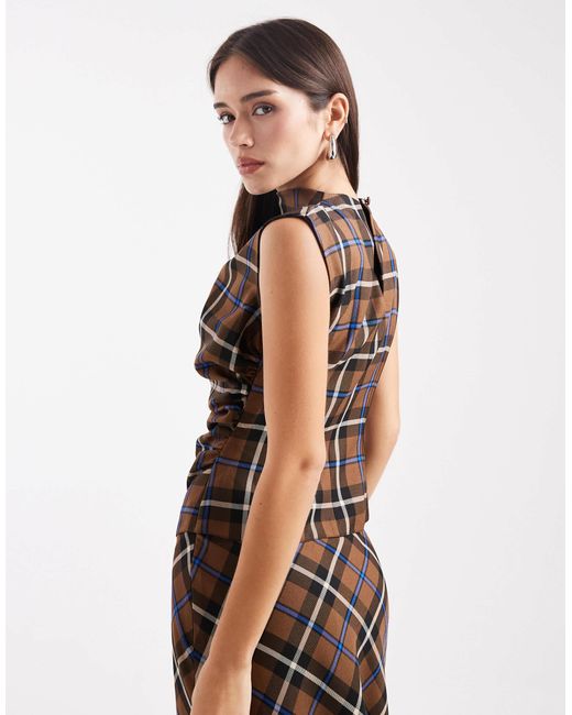 Top sans manches d'ensemble froncé à col montant et carreaux - marron ASOS en coloris Black