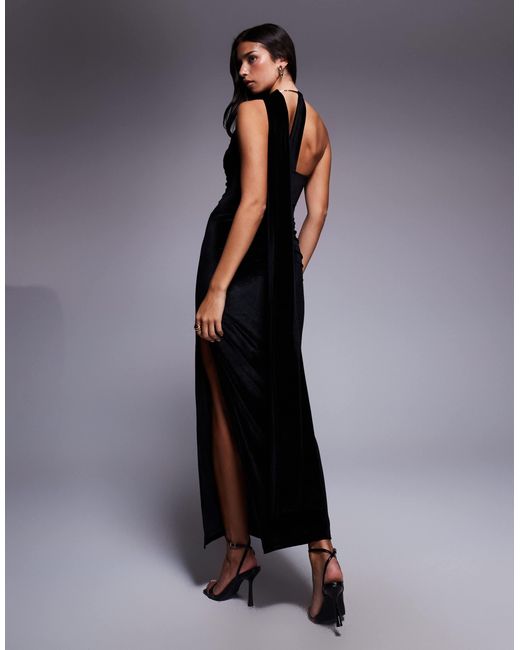 ASOS Halterneck Velvet Drape Maxi Dress With Oversized Gold Neck Trim in  Blue | Lyst