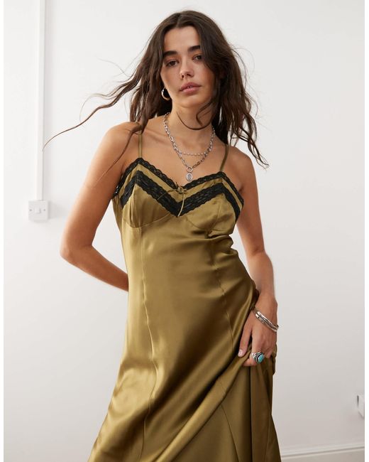 Reclaimed (vintage) Brown Cami Slip Dress With Lace Trim