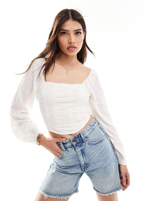 Hollister White Long Sleeve Ruched Bodice Top