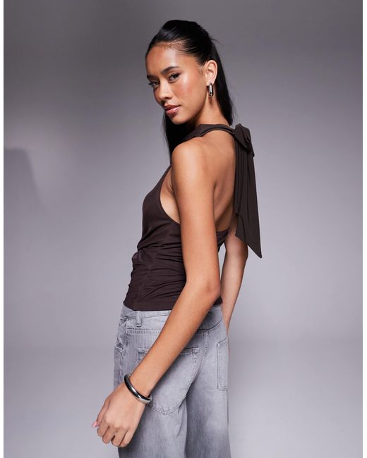 ASOS Brown Mesh Layered Twist Detail Halter Top With Tie Back Neck