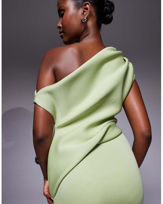 ASOS Green Fallen Shoulder Manipulated Fold Midi Dress