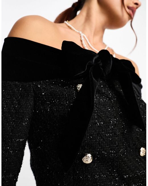 Miss Selfridge Black Bardot Boucle Mini Dress With Velvet Trim
