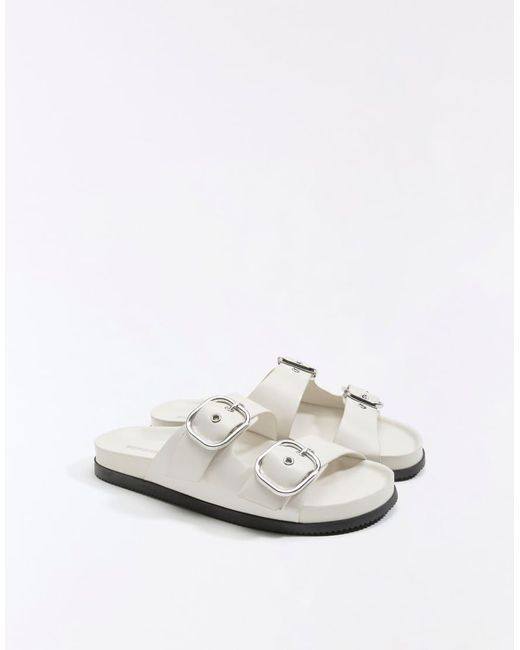 Bershka White Flat Slider Sandals With Buckles