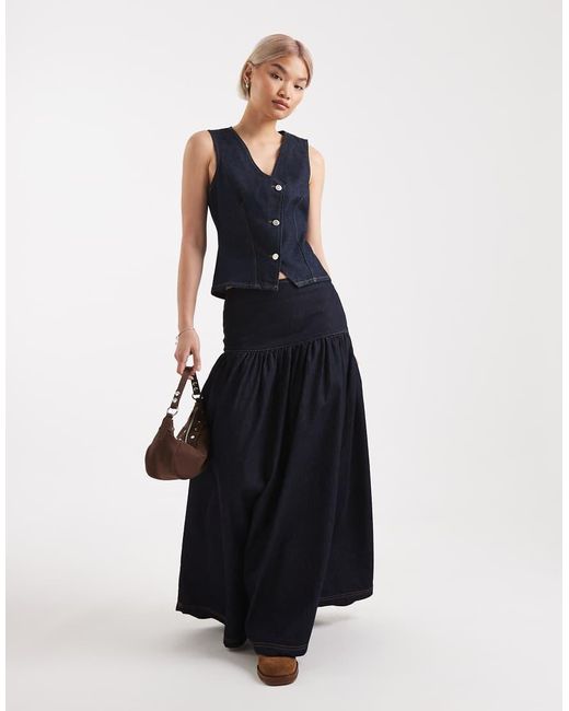Miss Selfridge Blue Dropped Waist Denim Maxi Skirt