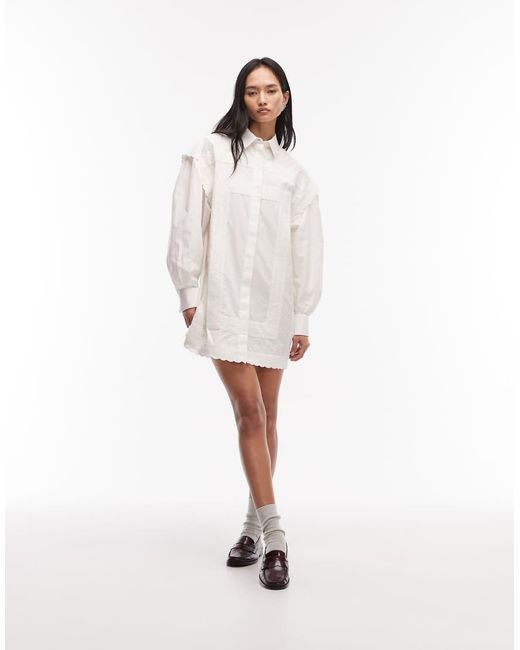 ASOS White Poplin Mini Shirt Dress With Lace Trim