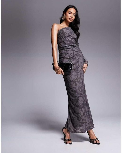 ASOS Gray Long Sleeve Ruched Devore Maxi Dress