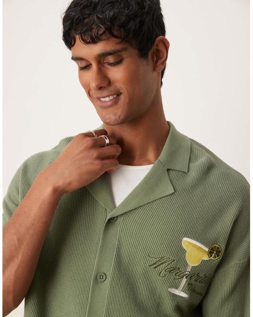 ASOS Green Relaxed Boxy Fit Knitted Button Through Polo With Margarita Embroidery for men