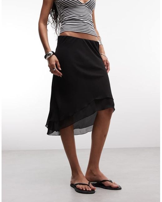 Weekday Black Asymmetric Chiffon Midi Skirt With Double Layer