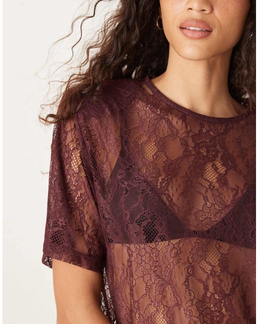 ASOS Red Lace Boxy Sheer Tee With Shoulder Pads
