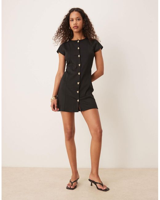 ASOS Black Short Sleeve Seam Button Detail Mini Dress