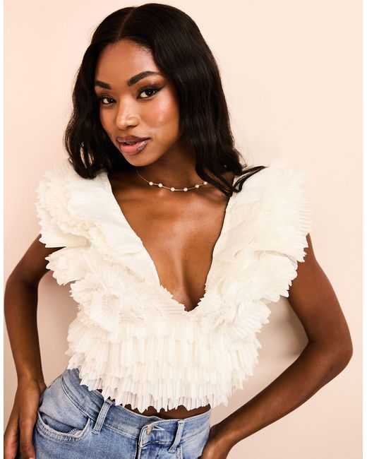 ASOS Premium Ruffle Plunge Top in Black Lyst