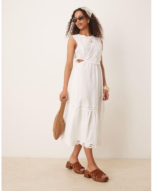 Mango Natural Embroidered Midi Dress With Cut Out Side Detail