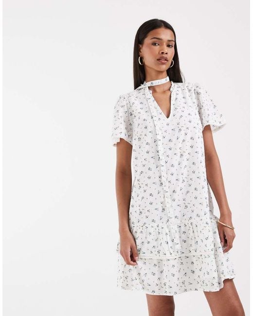 Vero Moda White Poplin Tie Waist Lace Trim Ruffle Hem Mini Dress
