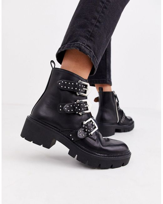 Pull&Bear Black Studded Multi Buckle Chunky Soled Boots