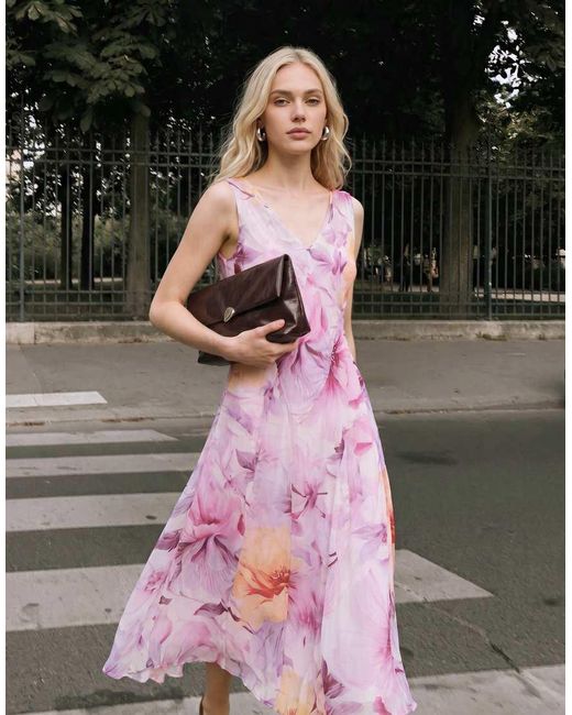 Vero Moda Pink Chiffon V Neck Midi Dress With Godet Shaping