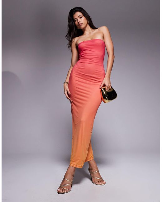 Kaiia Red – exclusive – anschmiegsames, doppellagiges, trägerloses maxikleid aus netzstoff