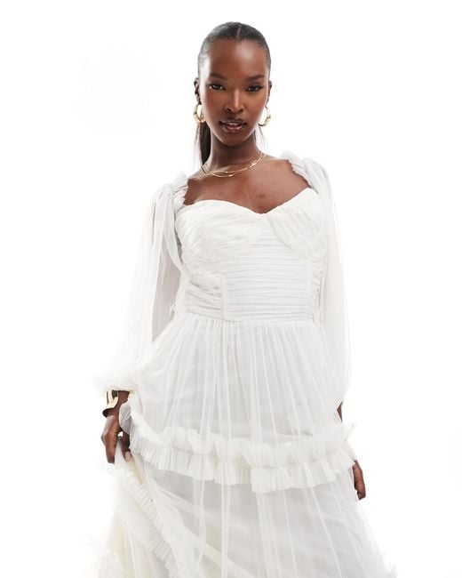 LACE & BEADS White Balloon Sleeve Ruffle Maxi Dress