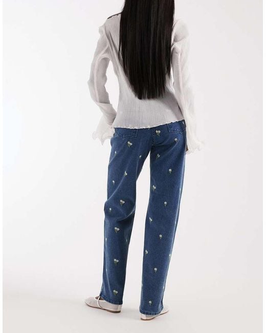 Pieces Blue Floral Embroidered Straight Leg Jeans
