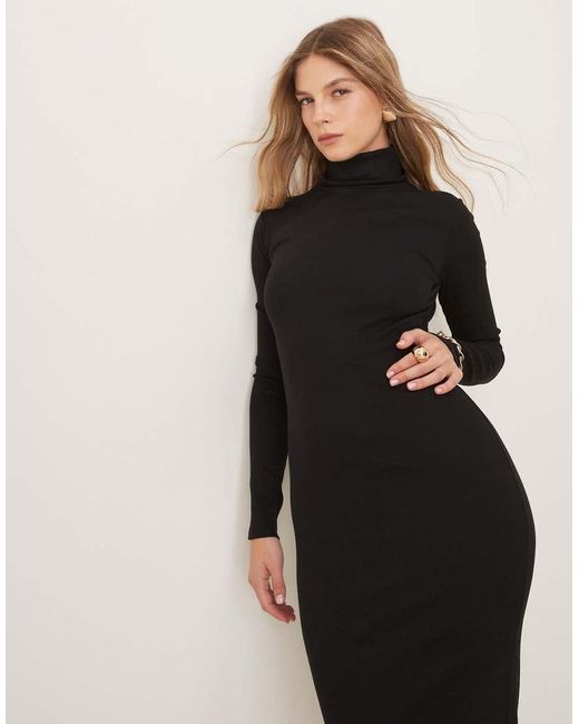 New Look Geribbelde Midi Jurk Met Col in het Black