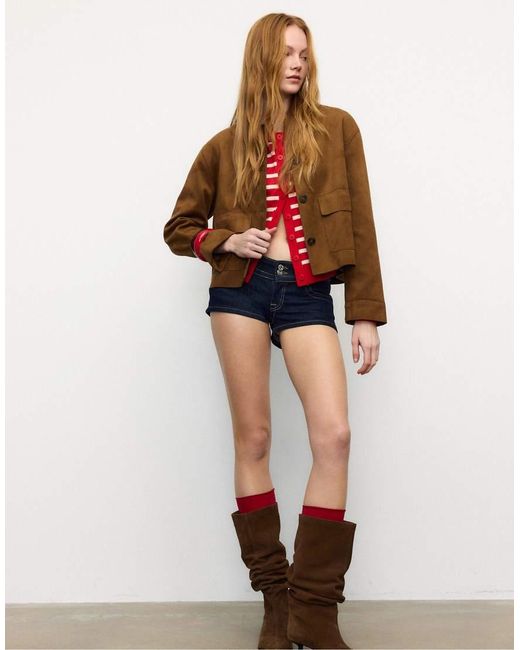 Stradivarius Brown Faux Suede Jacket With Pockets
