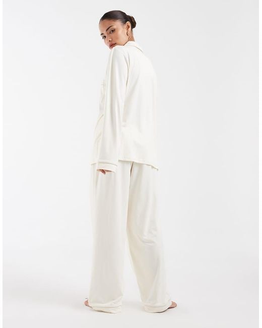 Loungeable Petite White Super Soft Jersey Camp Collar Top And Wide Leg Pants Pajama Set