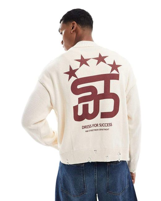 Pull&Bear White Stwd Back Printed Knitted Jumper for men