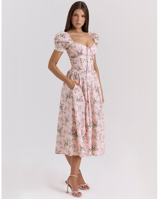 House Of Cb Pink Lulabell Print Cotton Midi Dress