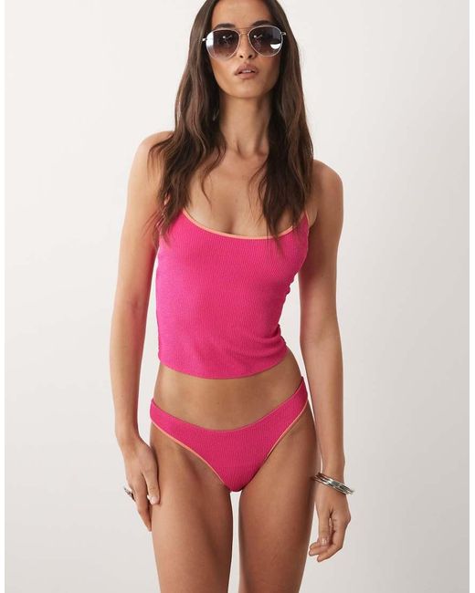 ASOS Red Crinkle Contrast Binding High Leg Bikini Bottom