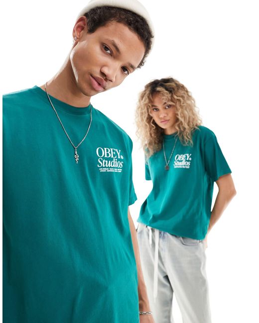 T-shirt unisexe en tissu épais à motif studios Obey en coloris Blue