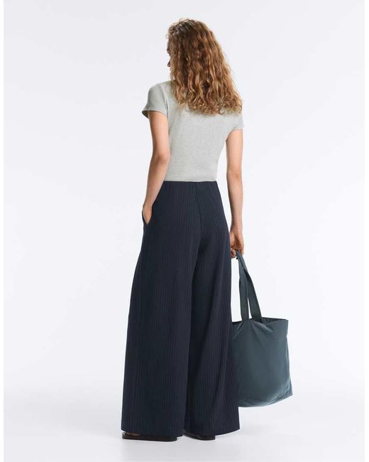 Oysho Blue Pinstripe Cotton Pique Wide-Leg Trousers
