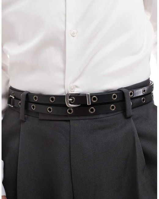 ASOS Black Faux Leather Studded Double Strap Skinny Belt for men