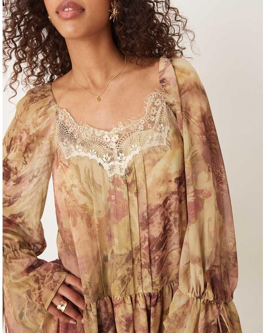 ASOS Natural Long Sleeve Sweetheart Neckline Frilly Mini Dress