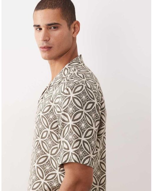 Mango Natural Mnago Linen Blend Retro Geometric Print Shirt for men