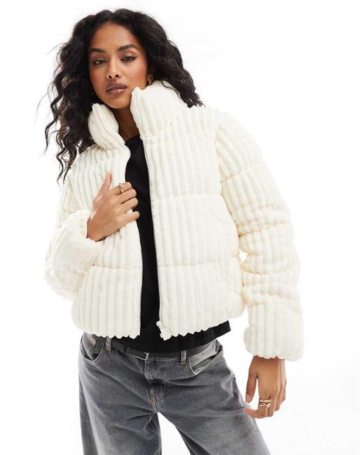 ONLY White Funnel Neck Corduroy Puffer
