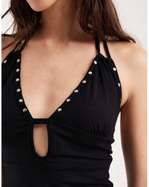 Motel Black Mioto Keyhole Studded Halter Cami Top