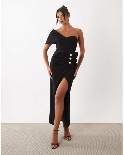 ASOS Natural Structured Drape Midi Dress With Pearl Detail