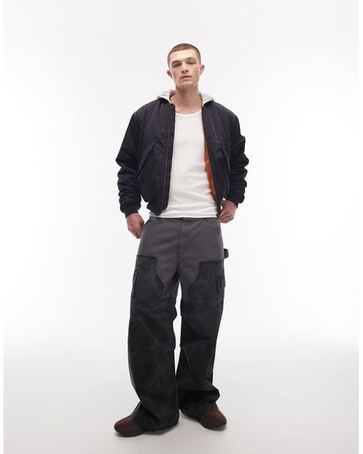 Weekday Black Bomber Jacket With Jersey Hood And Contrast Camo Graphic Sleeves for men